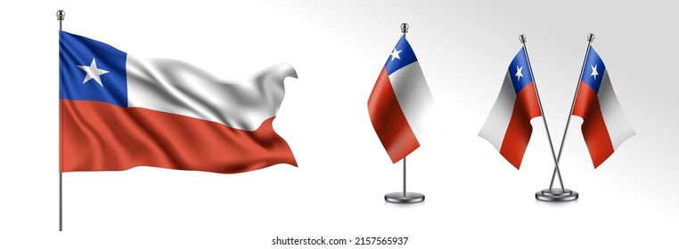 Conjunto de bandera chilena ondeando en ilustración aislada de vector de fondo. 3 Bandera chilena ondeante realista como símbolo patriótico