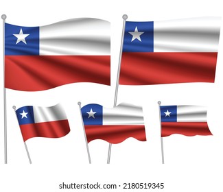 Set of Chile waving flag on isolated background vector illustration. 5 Chilean wavy realistic flag as a patriotic symbol
