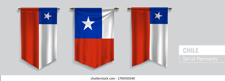 Conjunto de Chile ondeando pennants en ilustraciones aisladas de vectores de fondo. 3 pene chileno ondulado y realista como símbolo de patriotismo