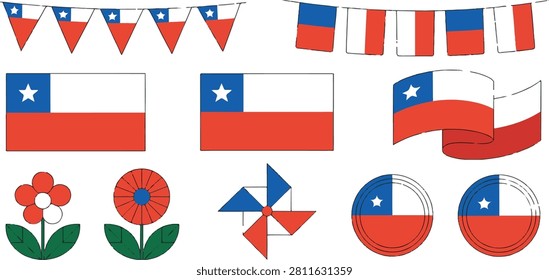 Set of Chilean flags, banners, flowers, and pinwheel for national holidays and cultural events.