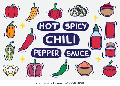 set of chili doodle with color good for background, wallpaper, element design, icon, etc	