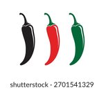 Set of Chili Pepper Icons in Red, Green, and Black Silhouette Representing Spice and Heat