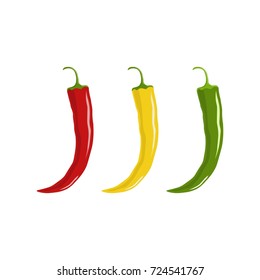 Set of chili pepper - red, yellow, green. Mexican jalapeno hot spicy peppers icon. Vector illustration