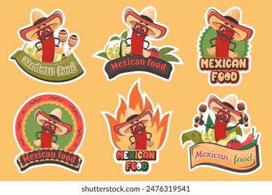 Set of Chili pepper stickers. Cartoon funny character with fresh vegetables, maracas, fire, color frames, text. National spicy dishes. Food label. Doodle hand drawn Mexican elements. Vector