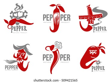 Set of chili pepper vector logo illustration, isolated on white background. Hot and spice chili pepper logo, skull and bones, mexican cuisine, sombrero and cigar.