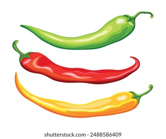 Set of chili peppers in cartoon style. Vector illustration of delicious and hot chili peppers: green, red, yellow isolated on white background. Cooking. Healthy food. Logo. Banner.