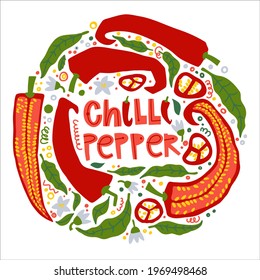 Set with chili peppers, flowers, pieces of pepper, seeds and leaves of pepper. doodle lettering chili pepper. Food background. Flat vegetables on white. Vegan, farm, natural