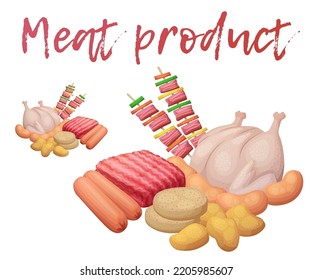 Set of chilled meat products vector icon isolated on white background. Semi-finished food store department cartoon illustration. Fresh meat market design