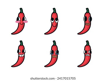 Set of chilli cartoon with many expressions. Retro design vector illustration of pepper on white background. Mascot faces