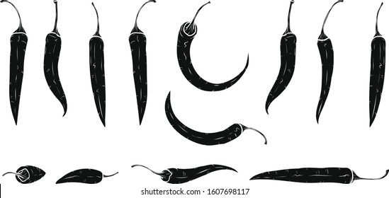 Set of Chilli peppers silhouette by hand drawing.Chilli peppers vector sketch on white background.Red Chilli art highly detailed in line art style.
