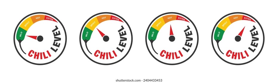 Set of chillies spicy level mild, spicy, hot, extra, icon vector with speedometer logo design style