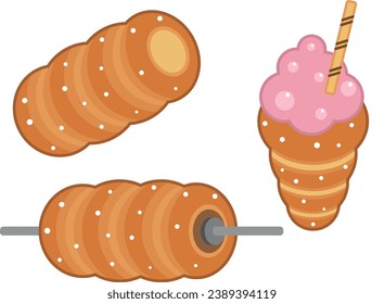 Juego de pastel de chimenea. Kurtos kalacs pan dulce típico pastel húngaro. Ilustración de icono de vector circular.