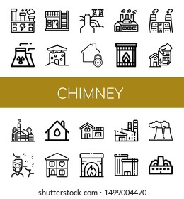 Set of chimney icons such as Factory, Nuclear plant, House, Power plant, Home, Fireplace, Air pollution , chimney