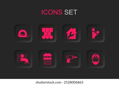 Set Chimney, Roof tile, Roulette construction, Electric drill machine, Industry metallic pipe, Builder, House with wrench spanner and Water tap icon. Vector