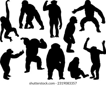 Set of Chimpanzee Silhouette, Monkeys Vector Art