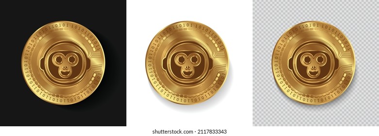 Set of Chimpion BNANA cryptocurrency logo in golden coins vector illustration isolated in white, dark and transparent background. Can be used as crypto label,sticker, icon, badge, and emblem
