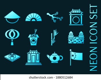 Set of China blue glowing neon icons.