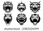 Set of China dragon heads with open mouth and bared fangs, with different angry expressions of the muzzle. Symbols for tattoo, emblem or logo, isolated on a white background.