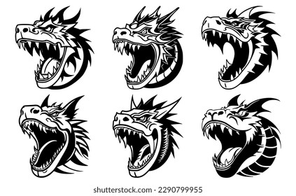 Set of China dragon heads with open mouth and bared fangs, with different angry expressions of the muzzle. Symbols for tattoo, emblem or logo, isolated on a white background.