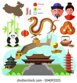 Set of China and East culture symbols. Collection icons: dragon and Great wall, Chinese temple, building and pagoda, tea and food, coin, lantern, bamboo and panda. Asia vector illustrations.