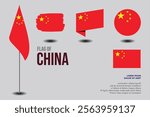 Set of China flag in 5 designs: flag on pole, brush stroke, skew, round and standard. vector, flat, isolated on grey background
