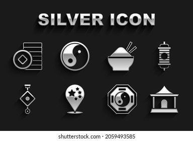 Set China flag, Chinese paper lantern, house, Yin Yang, Rice bowl with chopstick, Yuan currency and  icon. Vector