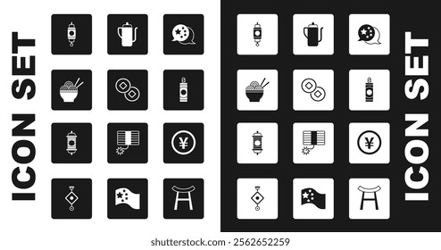 Set China flag, Chinese Yuan currency, Asian noodles bowl, paper lantern, Firework, tea ceremony,  and  icon. Vector