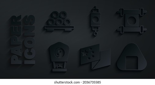 Set China flag, Decree, paper, parchment, scroll, Chinese lantern, Sushi,  and on cutting board icon. Vector