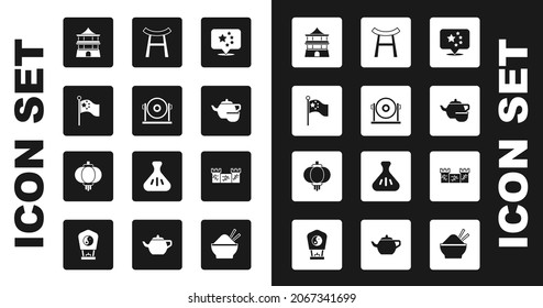 Set China flag, Gong, flagpole, Chinese house, tea ceremony, Japan Gate, Great wall of and paper lantern icon. Vector