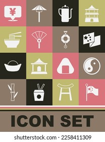 Set China flag on flagpole, Yin Yang, Chinese tea ceremony, or japanese folding fan, Asian noodles bowl, Yuan currency and paper lantern icon. Vector