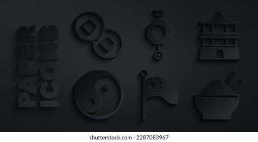 Set China flag on flagpole, Chinese house, Yin Yang, Rice bowl with chopstick, paper lantern and Yuan currency icon. Vector