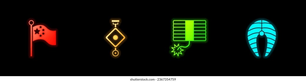 Set China flag on flagpole, Chinese paper lantern, Firework and Fish steak icon. Vector