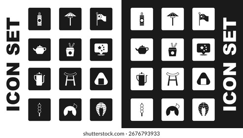 Set China flag on flagpole, Noodles box and chopsticks, Chinese tea ceremony, Firework, Japanese umbrella from the sun, Sushi and  icon. Vector