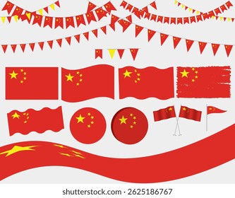 Set of China Flag Vector Set with Bunting, Circular Icons, Waving Flags, Decorative Elements for Independence or National Day Celebrations, Patriotic Events, Banners, Posters, Social Media Posts
