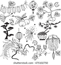 Set of China icons doodle on white background. Hand drawn vector illustration.