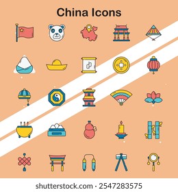 Set of China icons illustrating cultural landmarks and symbols perfect for travel and tourism themes.