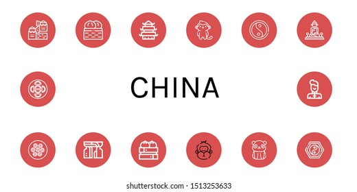 Set of china icons such as Great wall of china, Dumpling, Temple, Monkey, Yin yang, Great buddha of thailand, Monument, Panda bear, Wushu , china