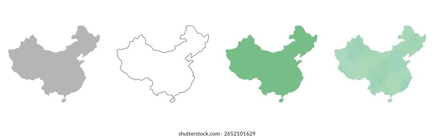 Set of China map silhouettes in gray, outline, flat green, and watercolor texture styles.

