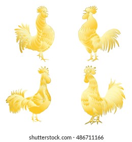 Set of Chinese 2017 new year of the Rooster symbols. Gold metallic roosters collection. Hand drawing bird with gradients. Chinese calendar Zodiac. Rooster golden silhouette bundle.