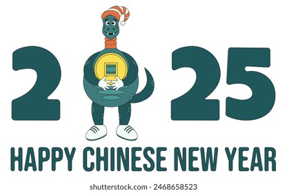 Set Chinese 2025 New Year greeting card Covers with Zodiac Luna symbol. New Year holiday Poster collection with cute green Snake character. Editable stroke. Vector EPS 10