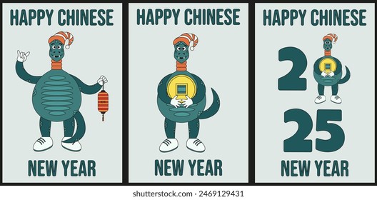 Set Chinese 2025 New Year greeting card Covers with Zodiac Luna symbol. New Year holiday Poster collection with cute green Snake character. Editable stroke. Vector EPS 10