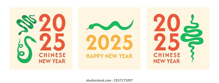 Set of chinese 2025 new year greeting cards with snakes. Vector flat illustration of reptiles. Symbol of lunar new year holiday