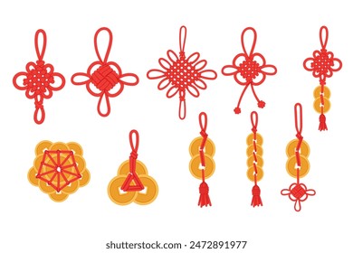 Set of Chinese asian tradition luck knot with golden coins vector illustration isolated on white background