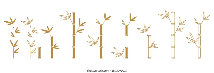 Set of Chinese bamboo branch for greeting card decoration. Knot of happiness. Paper lanterns and couplets on the door. Flat vector outline icons.