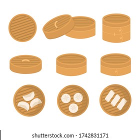 Set of Chinese bamboo steamer in different angle. Serving of dimsum dumplings, gyoza. Flat vector cartoon illustration.