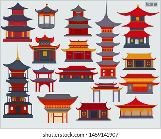 A set of Chinese buildings and temples in the traditional style on a light gray background