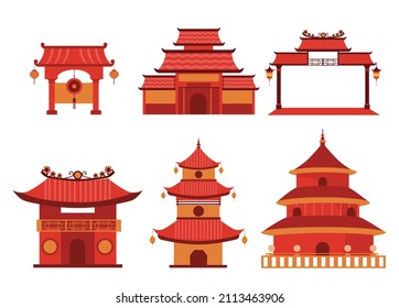 Set of chinese buildings and temples in traditional style on isolated white background,Vector illustration.