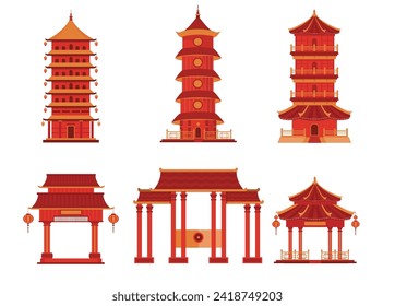 Set of Chinese buildings and temples in traditional style on isolated white background,Vector illustration.