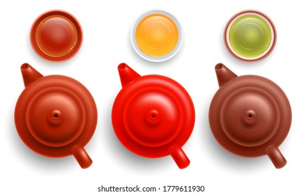 Set of Chinese ceramic multi colored teapots with cups of tea. Black, white and green tea grades. Top view, isolated on white background. Vector illustration.
