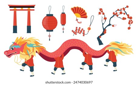 Set of Chinese characters in cartoon style. Vector illustration of traditional: gate, red lanterns, fan, firecrackers, sakura, people in Chinese New Year dragon costume isolated on white background.